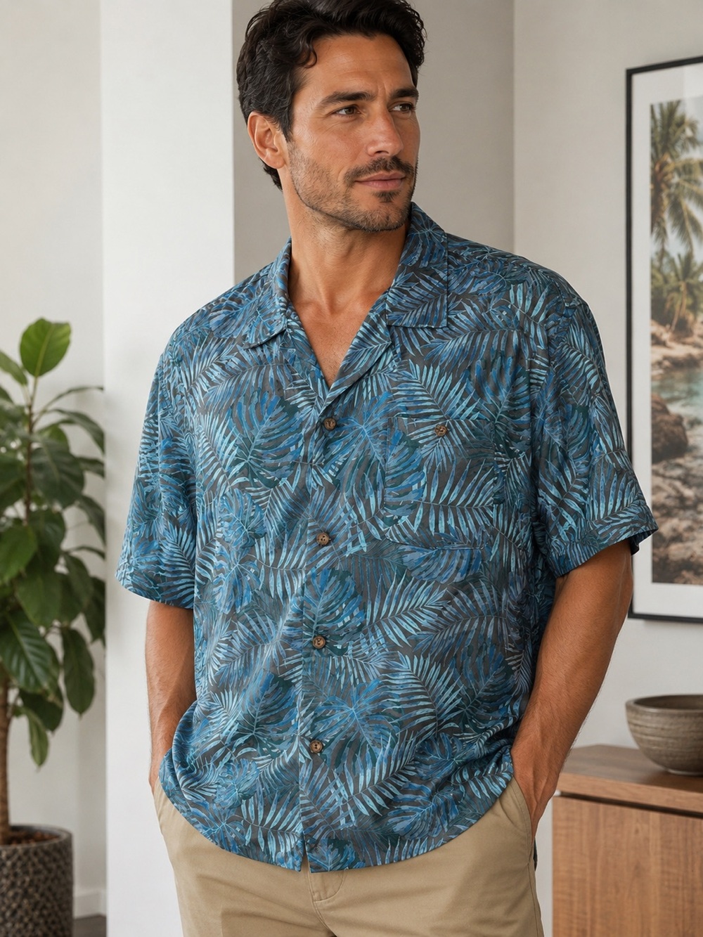 Caribbean Joe Blue Tropical Leaf Print Short Sleeve Camp Shirt